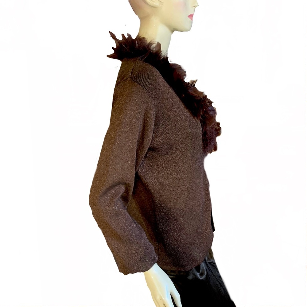 VINTAGE Y2K DRESSBARN BROWN W/METALLIC THREAD CARDIGAN W/FAUX FEATHER COLLAR (M) - Picture 4 of 14